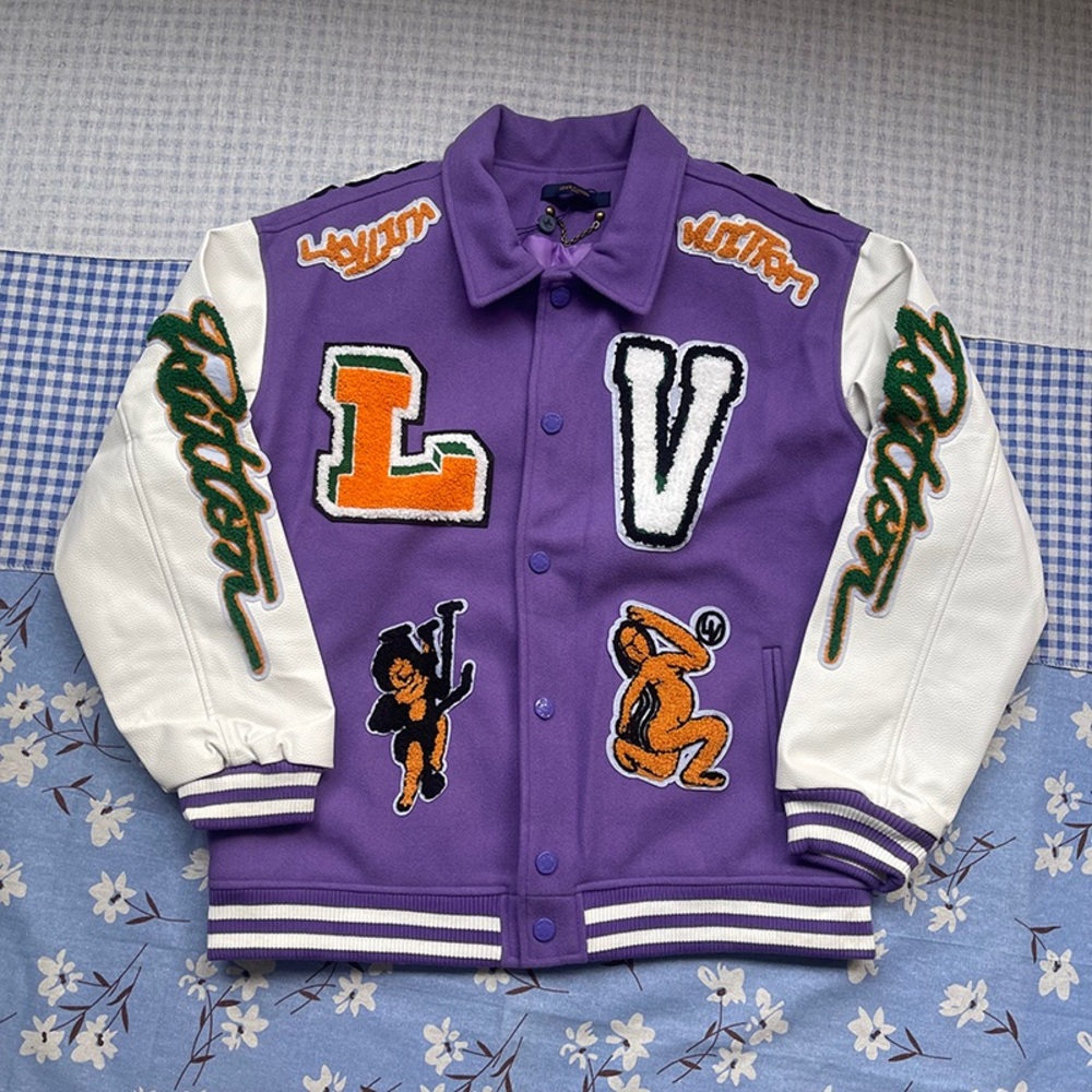 Louis Vuitton Purple and White Varsity Jacket with Orange Accents